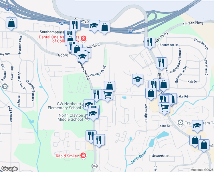 map of restaurants, bars, coffee shops, grocery stores, and more near 5343 Crystal Lane in Atlanta