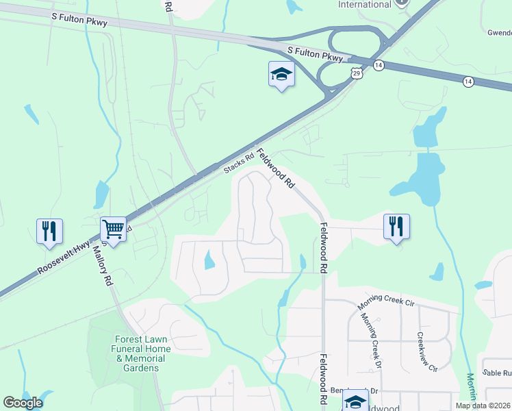map of restaurants, bars, coffee shops, grocery stores, and more near Penning Court in Atlanta