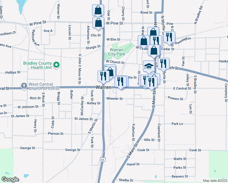 map of restaurants, bars, coffee shops, grocery stores, and more near 150 Bradley Court in Warren