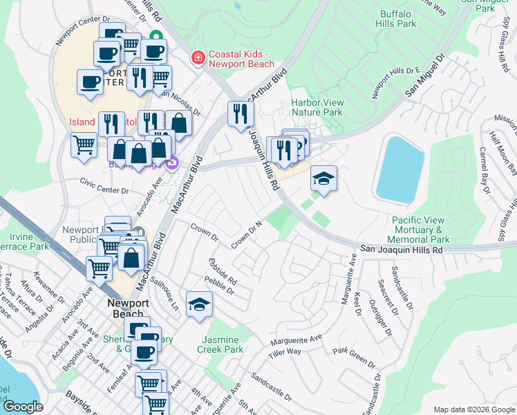 map of restaurants, bars, coffee shops, grocery stores, and more near 2727 Island View Drive in Newport Beach