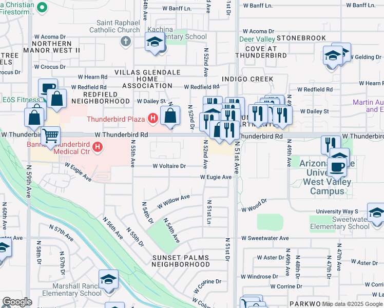 map of restaurants, bars, coffee shops, grocery stores, and more near 5205 West Thunderbird Road in Glendale