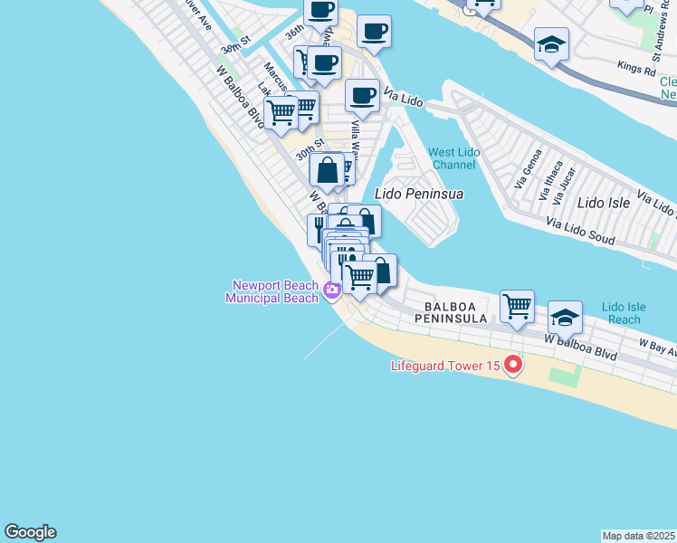 map of restaurants, bars, coffee shops, grocery stores, and more near 2206 West Oceanfront in Newport Beach