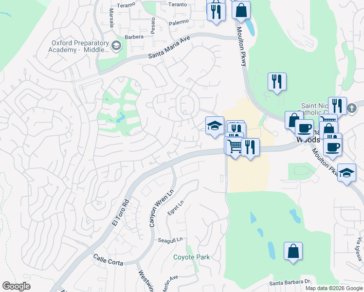 map of restaurants, bars, coffee shops, grocery stores, and more near 3205 Via Buena Vista in Laguna Woods