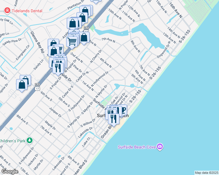 map of restaurants, bars, coffee shops, grocery stores, and more near 415 2nd Avenue North in Surfside Beach