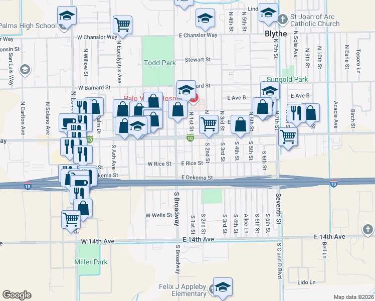 map of restaurants, bars, coffee shops, grocery stores, and more near 127 South 1st Street in Blythe