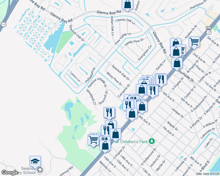 map of restaurants, bars, coffee shops, grocery stores, and more near 1906 Shell Court in Surfside Beach