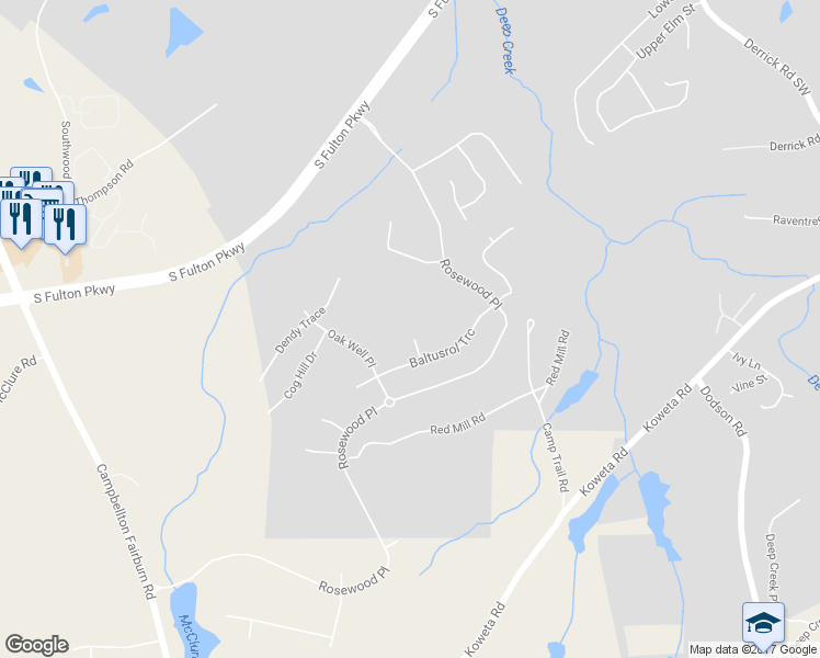 map of restaurants, bars, coffee shops, grocery stores, and more near 218 Tralee Circle in Fairburn