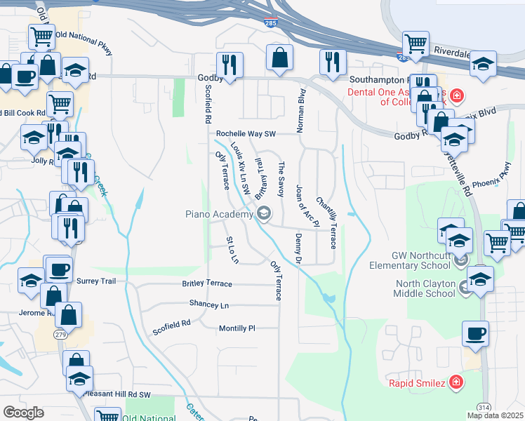 map of restaurants, bars, coffee shops, grocery stores, and more near 5382 Orly Terrace in College Park