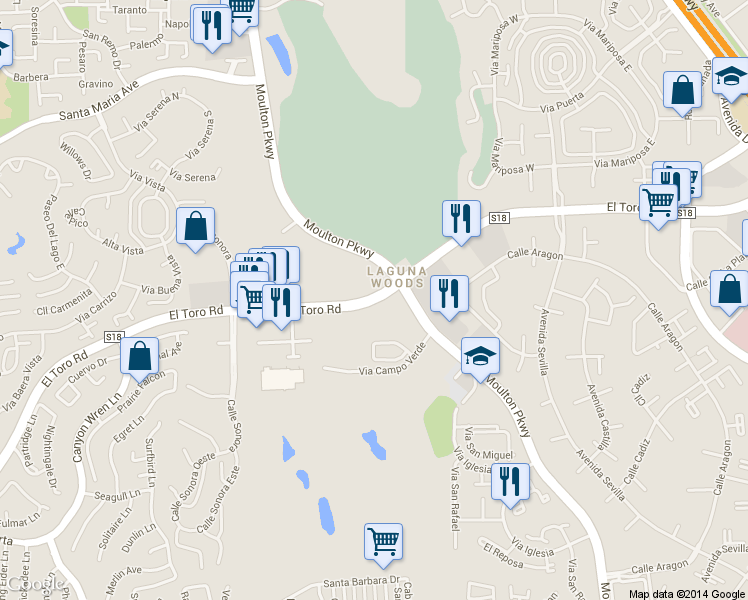 map of restaurants, bars, coffee shops, grocery stores, and more near 24452 El Toro Road in Laguna Woods