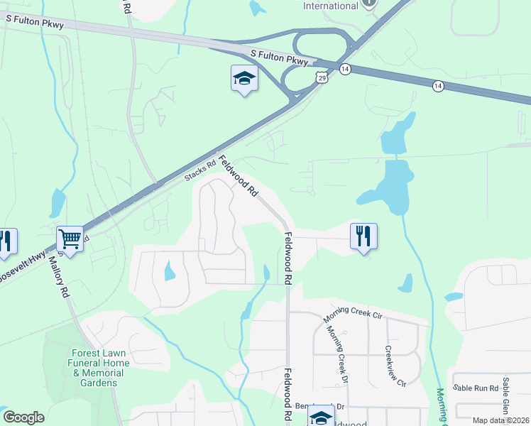 map of restaurants, bars, coffee shops, grocery stores, and more near 5345 Feldwood Road in College Park