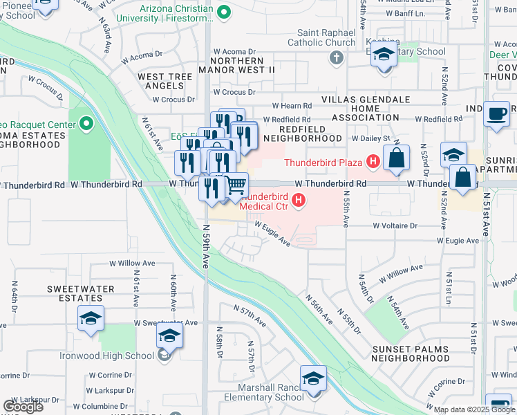 map of restaurants, bars, coffee shops, grocery stores, and more near 5601 West Eugie Avenue in Glendale