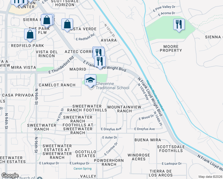 map of restaurants, bars, coffee shops, grocery stores, and more near 13549 North 102nd Place in Scottsdale