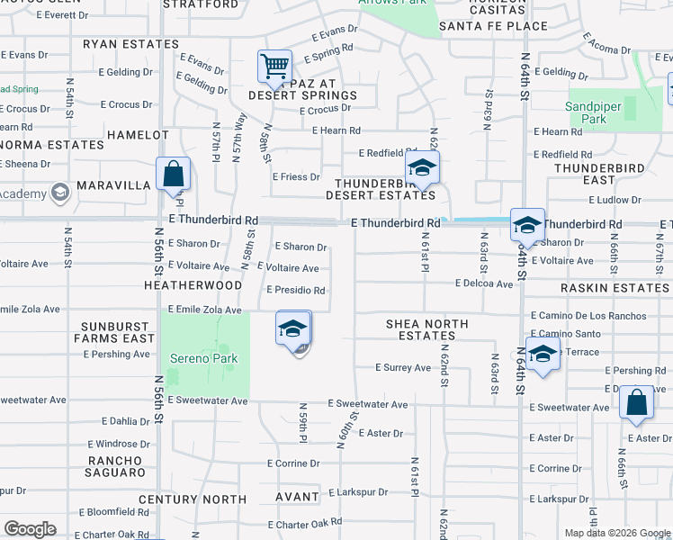 map of restaurants, bars, coffee shops, grocery stores, and more near 5932 East Presidio Road in Scottsdale