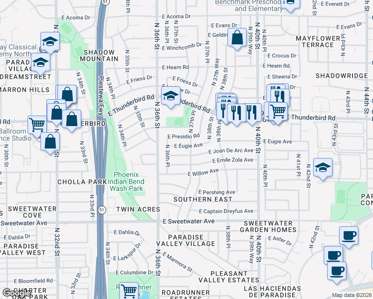 map of restaurants, bars, coffee shops, grocery stores, and more near 3707 East Joan De Arc Avenue in Phoenix