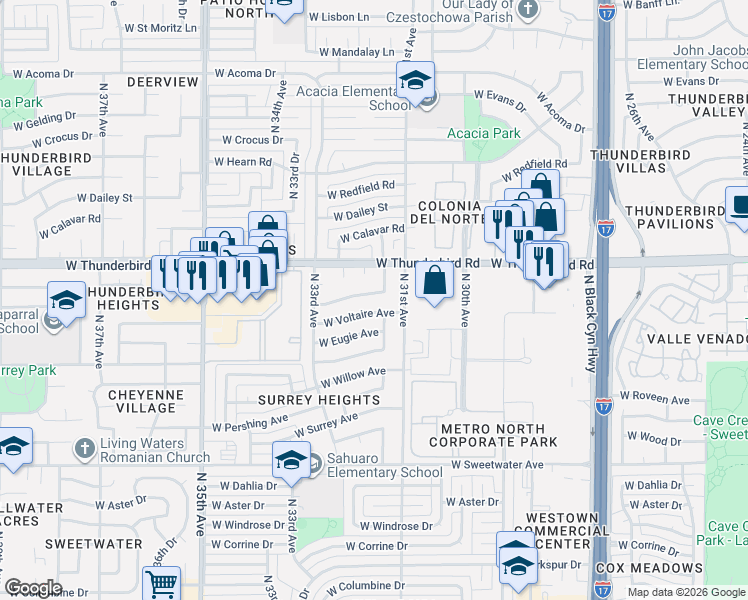 map of restaurants, bars, coffee shops, grocery stores, and more near 3129 West Voltaire Avenue in Phoenix