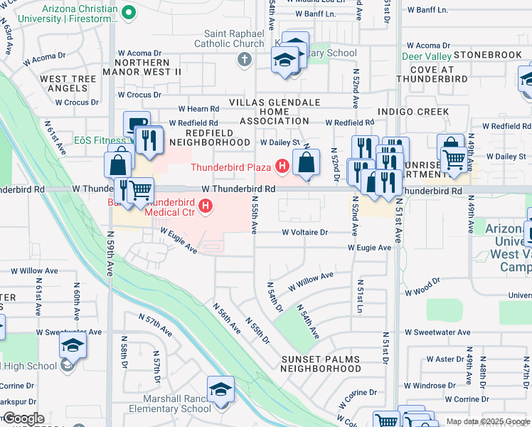 map of restaurants, bars, coffee shops, grocery stores, and more near 5422 West Voltaire Drive in Glendale