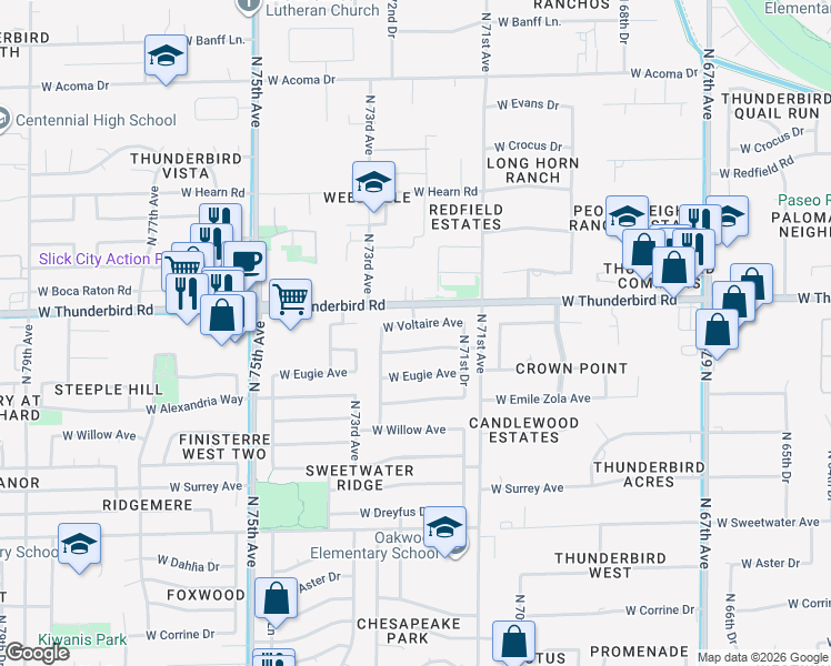 map of restaurants, bars, coffee shops, grocery stores, and more near 7170 West Rue De Lamour in Peoria
