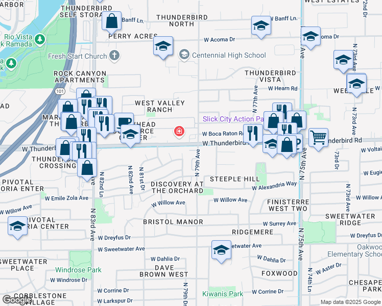 map of restaurants, bars, coffee shops, grocery stores, and more near 13651 North 79th Lane in Peoria