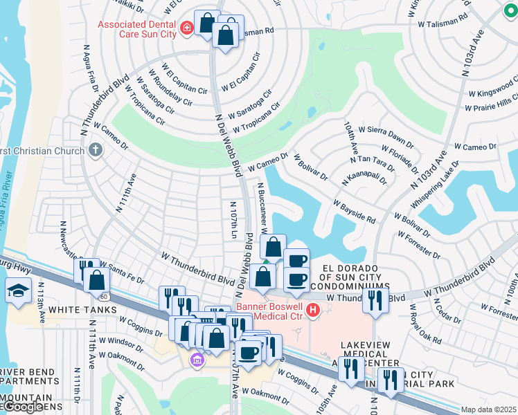 map of restaurants, bars, coffee shops, grocery stores, and more near 13660 North Buccaneer Way in Sun City