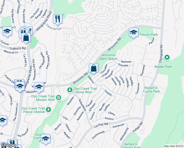 map of restaurants, bars, coffee shops, grocery stores, and more near 27931 Cascabel in Mission Viejo