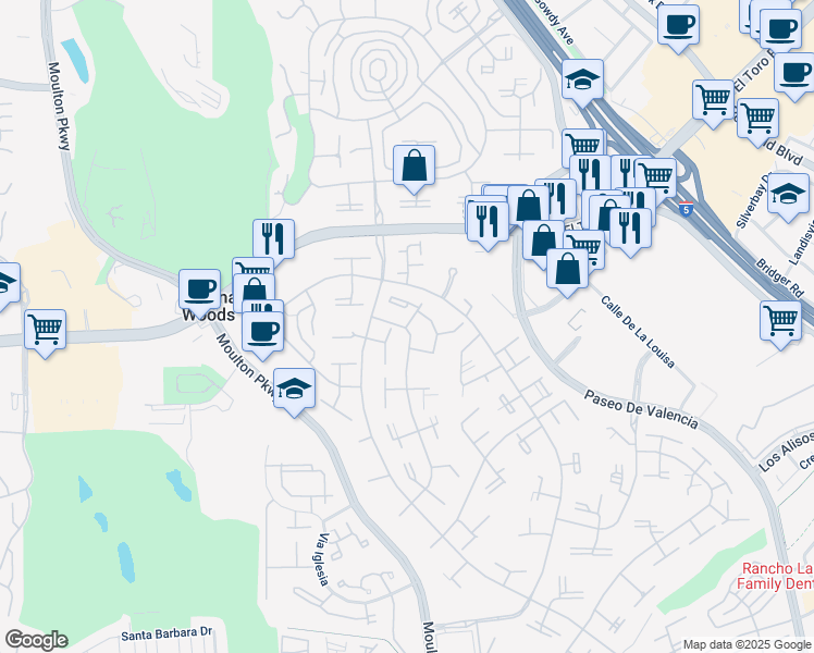 map of restaurants, bars, coffee shops, grocery stores, and more near 20 Avenida Castilla in Laguna Woods