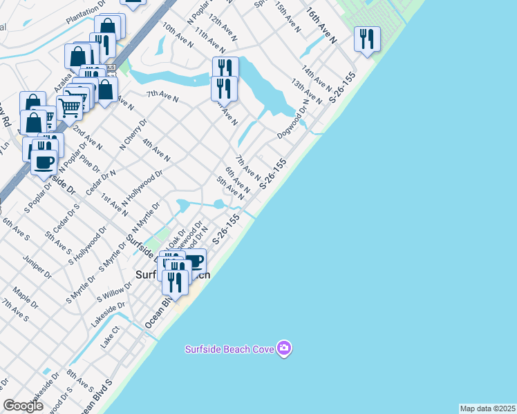 map of restaurants, bars, coffee shops, grocery stores, and more near 515 North Ocean Boulevard in Surfside Beach