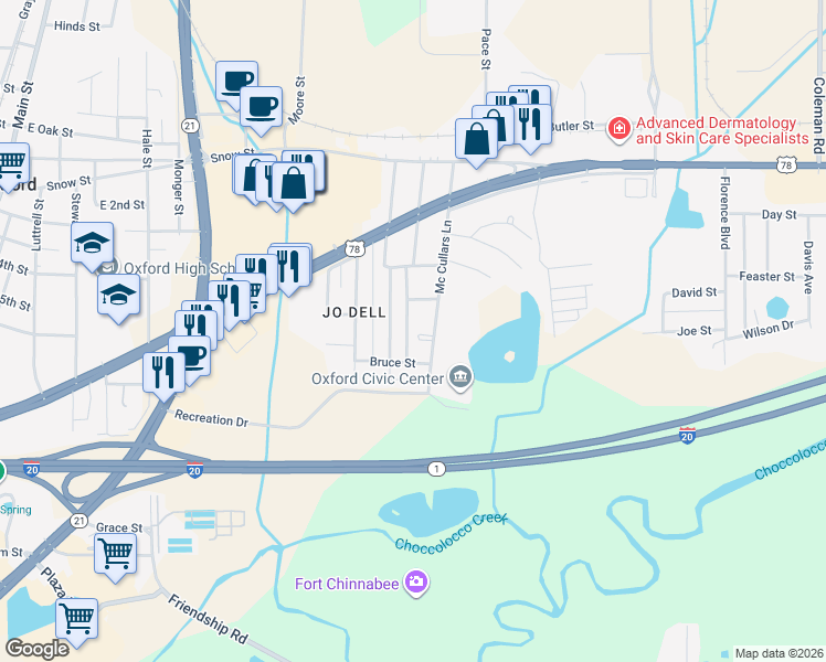 map of restaurants, bars, coffee shops, grocery stores, and more near 1027 Bruce Street in Oxford