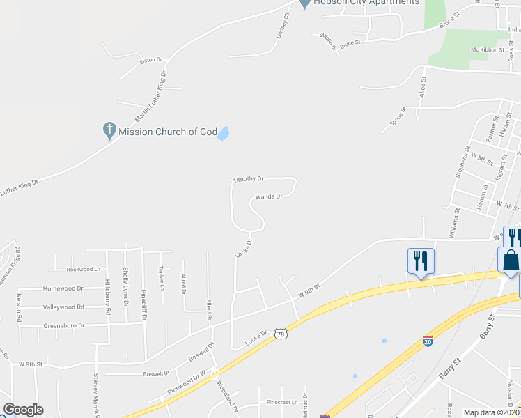 map of restaurants, bars, coffee shops, grocery stores, and more near 705 Wanda Drive in Oxford