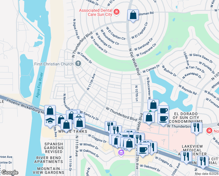 map of restaurants, bars, coffee shops, grocery stores, and more near 10901 West Topaz Drive in Sun City