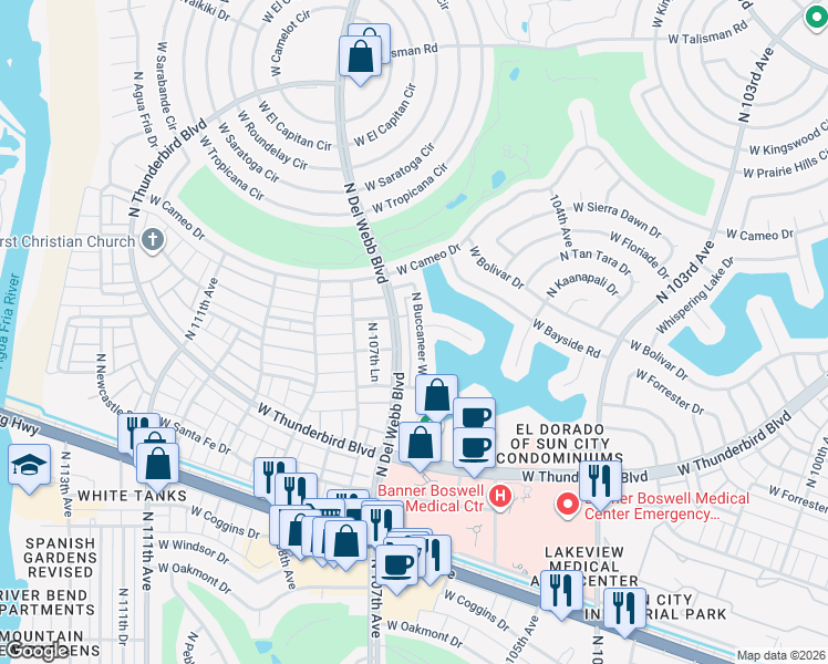 map of restaurants, bars, coffee shops, grocery stores, and more near 13660 North Buccaneer Way in Sun City