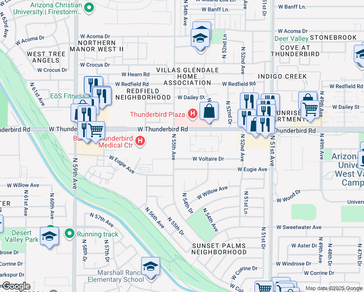 map of restaurants, bars, coffee shops, grocery stores, and more near 5422 West Voltaire Drive in Glendale