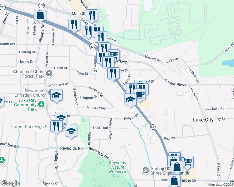 map of restaurants, bars, coffee shops, grocery stores, and more near 5368 Orchard Place in Morrow
