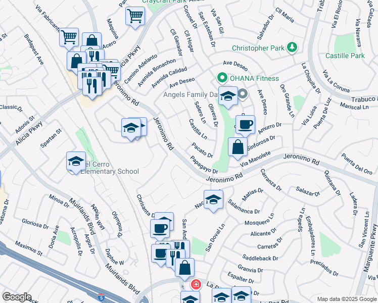 map of restaurants, bars, coffee shops, grocery stores, and more near 26281 Papagayo Drive in Mission Viejo