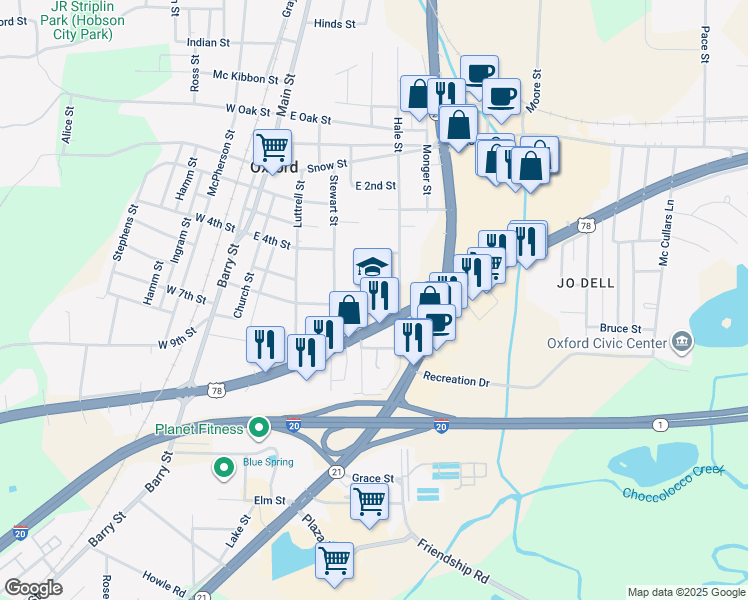 map of restaurants, bars, coffee shops, grocery stores, and more near 1 Yellow Jacket Drive in Oxford