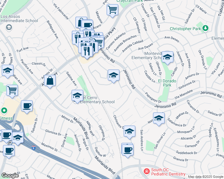 map of restaurants, bars, coffee shops, grocery stores, and more near 25952 Cordillera Drive in Mission Viejo