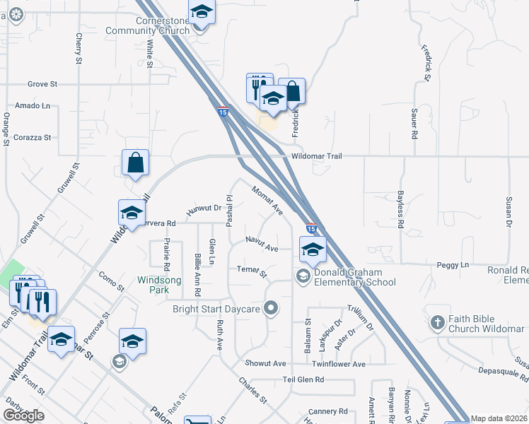 map of restaurants, bars, coffee shops, grocery stores, and more near 22900 Kuna Court in Wildomar