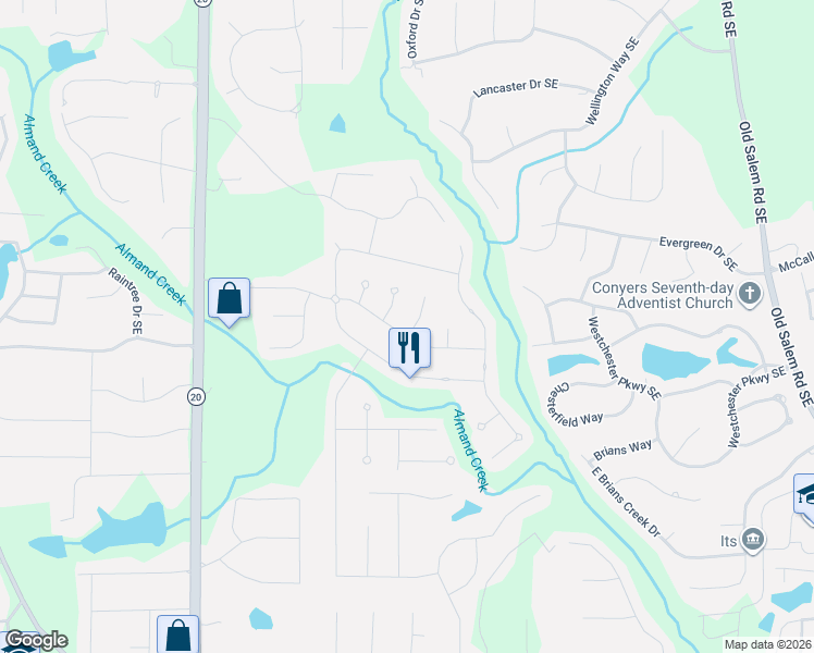 map of restaurants, bars, coffee shops, grocery stores, and more near 1145 Fountain Crest Drive in Conyers