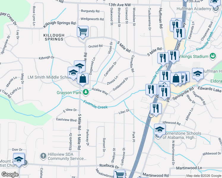 map of restaurants, bars, coffee shops, grocery stores, and more near 501 Goldenrod Drive in Birmingham