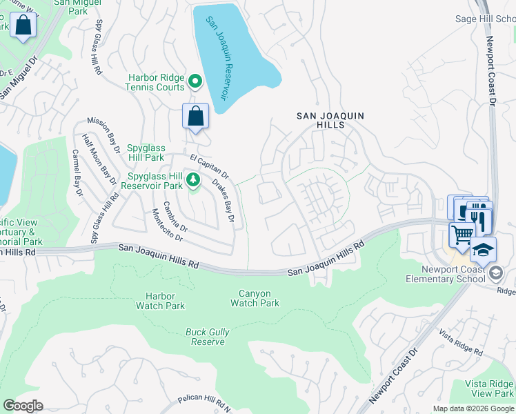 map of restaurants, bars, coffee shops, grocery stores, and more near 21 Sea Terrace in Newport Beach