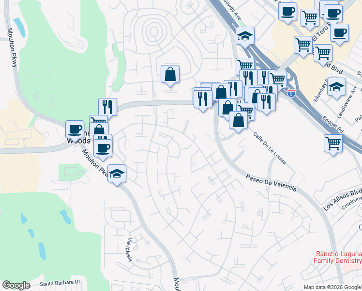 map of restaurants, bars, coffee shops, grocery stores, and more near 16 Via Castilla in Laguna Woods