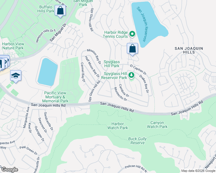 map of restaurants, bars, coffee shops, grocery stores, and more near 1 San Martin Way in Newport Beach