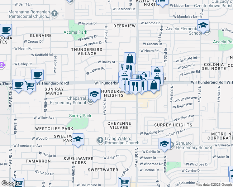 map of restaurants, bars, coffee shops, grocery stores, and more near 3618 West Voltaire Avenue in Phoenix