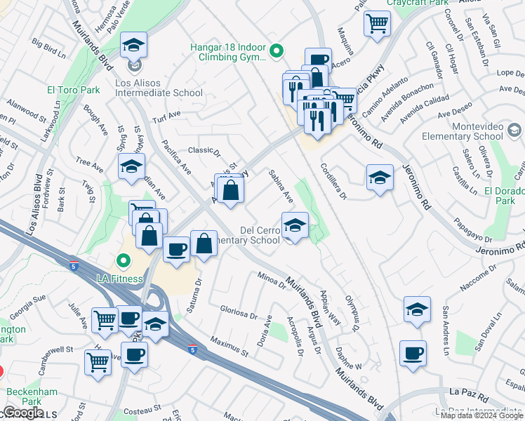 map of restaurants, bars, coffee shops, grocery stores, and more near 24201 Delphi Street in Mission Viejo