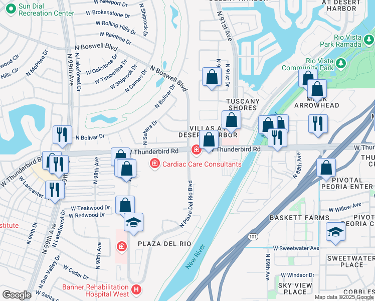 map of restaurants, bars, coffee shops, grocery stores, and more near 9221 West Thunderbird Road in Peoria