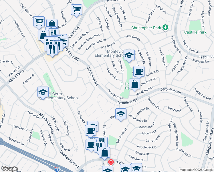map of restaurants, bars, coffee shops, grocery stores, and more near 26281 Papagayo Drive in Mission Viejo