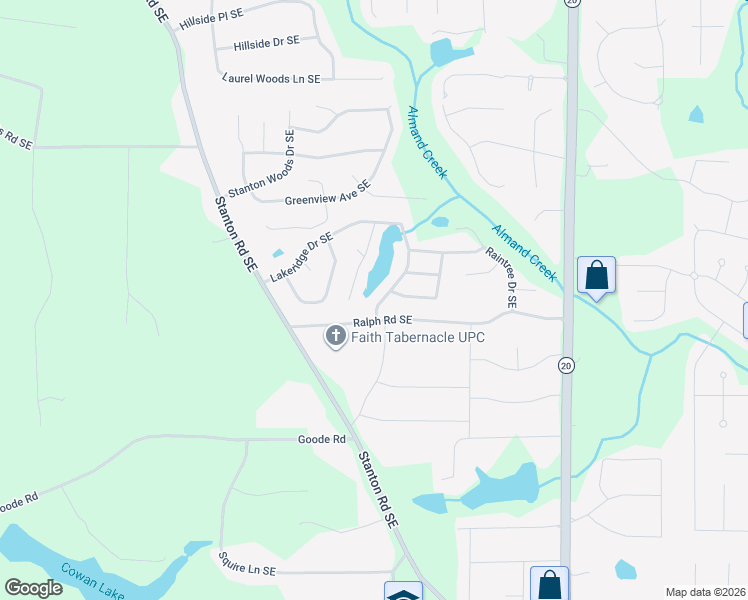 map of restaurants, bars, coffee shops, grocery stores, and more near 3036 Lakeridge Drive Southeast in Conyers
