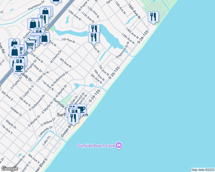 map of restaurants, bars, coffee shops, grocery stores, and more near 515 North Ocean Boulevard in Surfside Beach