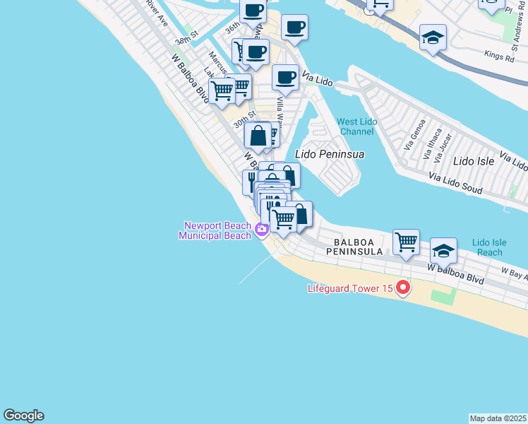 map of restaurants, bars, coffee shops, grocery stores, and more near 2100 West Oceanfront in Newport Beach