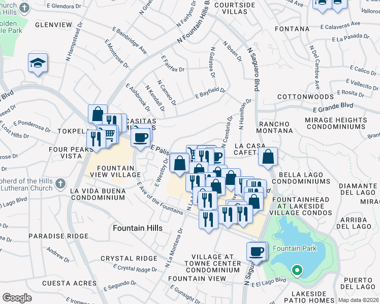 map of restaurants, bars, coffee shops, grocery stores, and more near 16624 East Palisades Boulevard in Fountain Hills