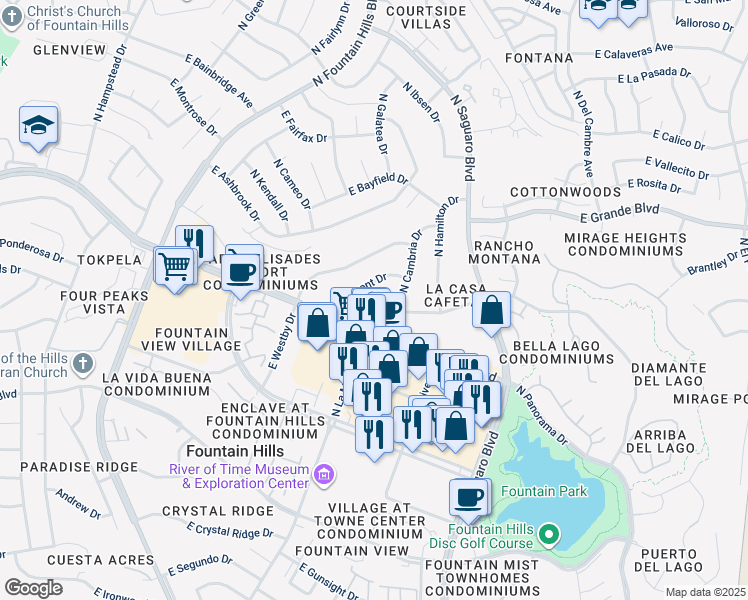 map of restaurants, bars, coffee shops, grocery stores, and more near 16650 East Palisades Boulevard in Fountain Hills